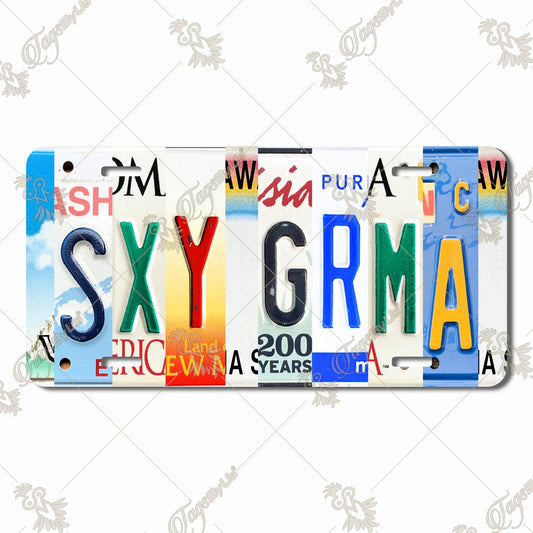 Aluminum License Plate with Vintage-Inspired Letter Collage - 'SXY GRMA' - Perfect for Cars, Wall Décor, and Unique Gift Ideas