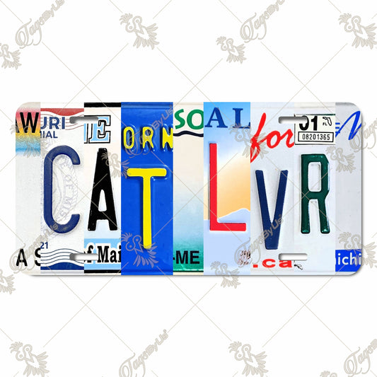 "CAT LVR" Sublimated Aluminum License Plate – Unique License Plate Art for Cat Lovers, Made from Vintage License Plate Letters