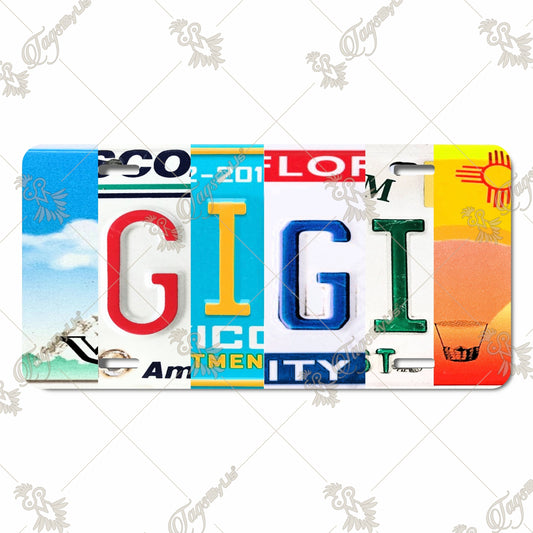 GIGI Letter Art – Vibrant Sublimation Print Featuring Unique License Plate Letter Collage