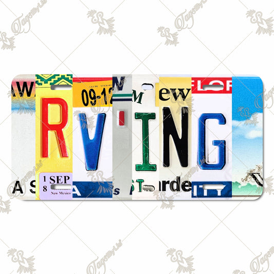 Vintage-Inspired Aluminum License Plate for RV Enthusiasts – Sublimated 'RVING' Design with Unique License Plate Collage