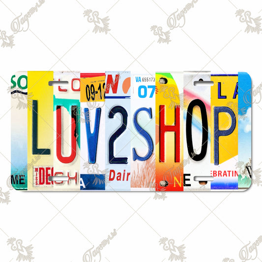 LUV2SHOP Unique Aluminum License Plate – Vibrant Collage Design with Mixed State Plate Letters, Perfect for Shopping Enthusiasts