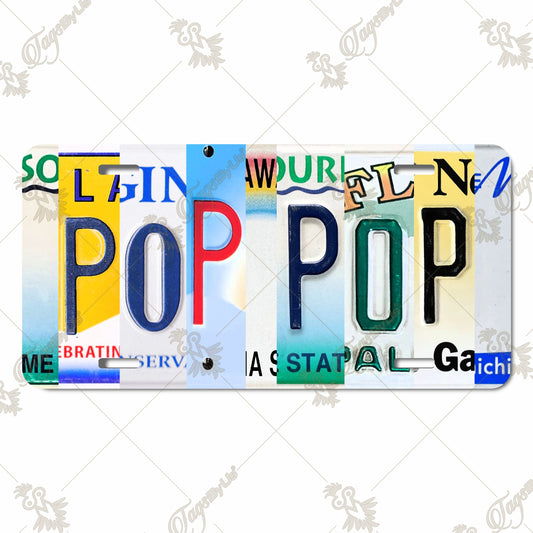 POP POP Art Style Sublimated Aluminum License Plate – Retro Collage Design with Bold Letters for Unique Auto or Home Décor