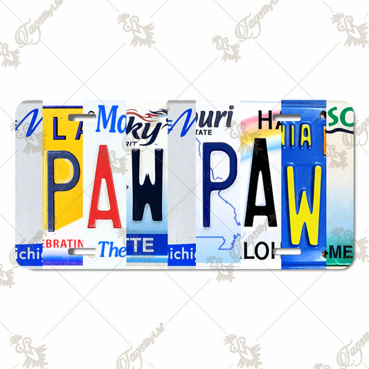 "Paw Paw" Themed Sublimation Aluminum License Plate - Vibrant Vintage Style, Grandpa Design Using Images of License Plate Letters