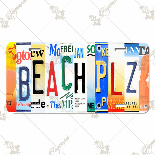 Beach Plz Sublimated Aluminum License Plate – Vibrant Vintage License Plate Collage Design for Beach Lovers & Personalized Décor