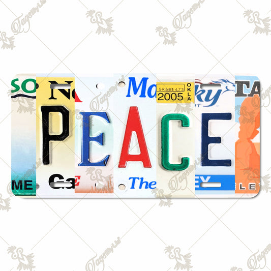 PEACE Themed License Plate Art on Aluminum – Vintage Style Collage of Letters from Images of License Plates for Home Decor or Unique Wall Art