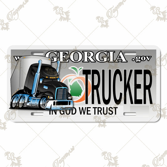 Georgia Trucker Aluminum License Plate - Custom Sublimation Print with Semi-Truck Design and "In God We Trust" Slogan