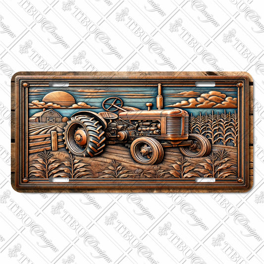 Vintage Tractor Aluminum License Plate – Rustic Farm Design with Sunrise & Cornfield Scene, Durable Sublimation Print for Vehicle Décor