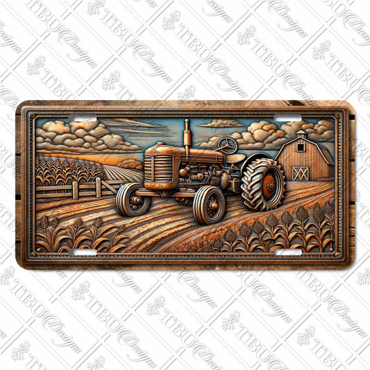 Vintage Tractor Aluminum License Plate – Farm Life Art with Rustic Barn Scene, Perfect for Agricultural Enthusiasts and Collectors