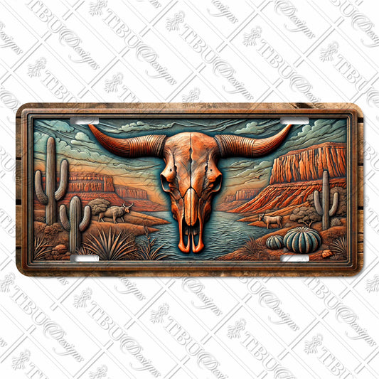 Southwestern Bull Skull Aluminum License Plate – Vibrant Desert Landscape with Cacti and Mountains for Car, Truck, or RV Decoration