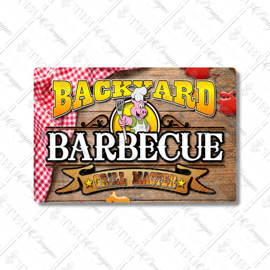 Backyard Barbecue Grill Master Aluminum Sign – Fun Chef Pig BBQ Decor for Patio, Kitchen, or Outdoor Grill Station, 12x8 Sublimation Print