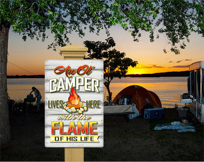 Rustic 'Ol' Camper Lives Here with the Flame of His Life' Aluminum Sign - Vintage Style Sublimation Print Camping Decor