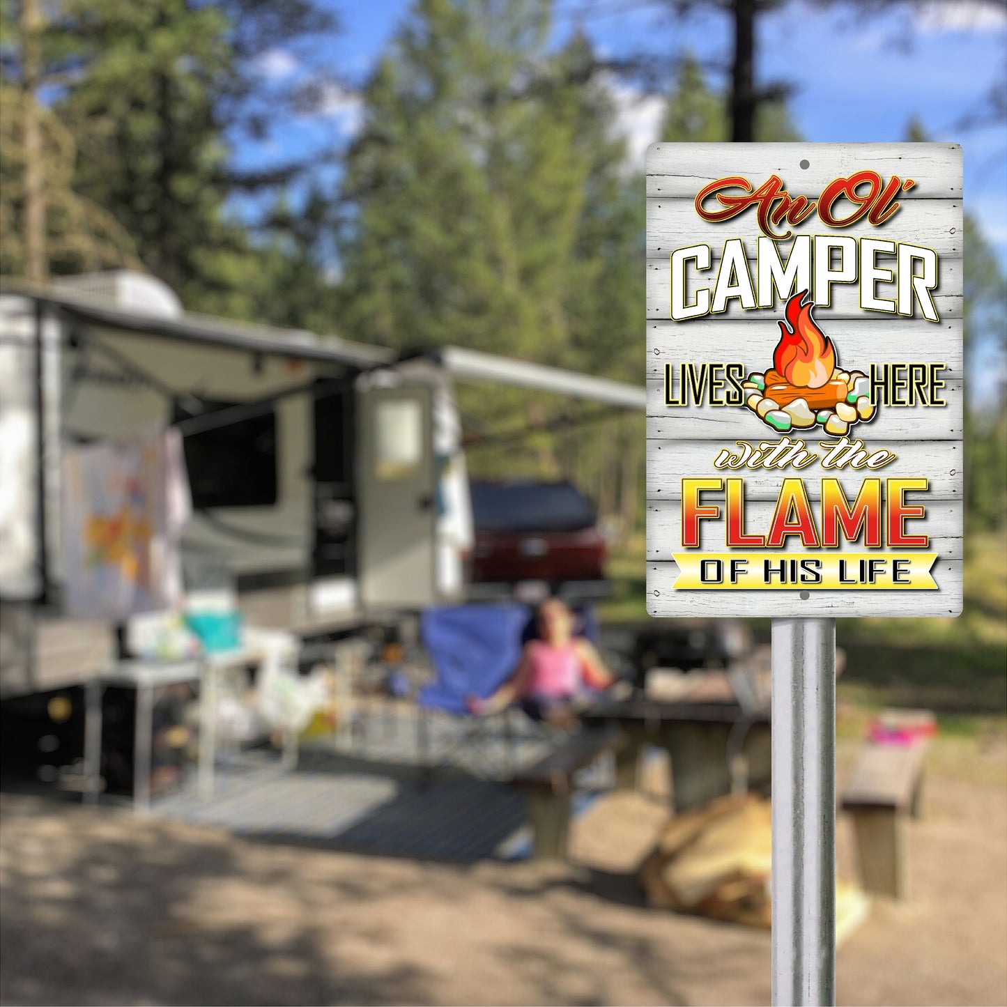 Rustic 'Ol' Camper Lives Here with the Flame of His Life' Aluminum Sign - Vintage Style Sublimation Print Camping Decor