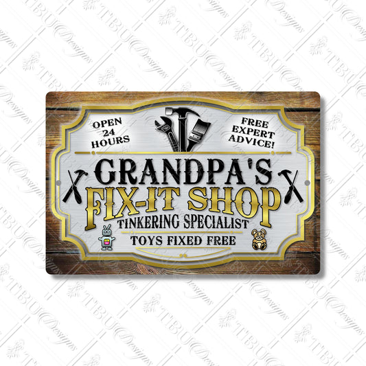 Grandpa's Fix-It Shop Aluminum Sign - Vintage-Style Tinkering Specialist Decor with Sublimation Print, Perfect for Workshops or Garages