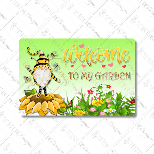 Whimsical Gnome 'Welcome to My Garden' Aluminum Sign - Vibrant Sublimation Print with Cheerful Sunflowers, Bumblebee Accents & Flowers