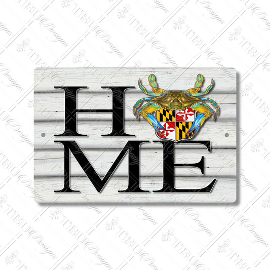 Maryland Crab HOME Aluminum Sign – Nautical State Pride Decor with Maryland Flag and Blue Crab, 12 x 8-inch Sublimation Printed Wall Art