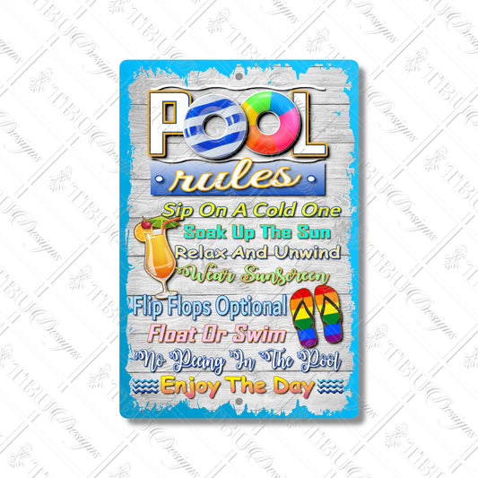 Pool Rules Fun Aluminum Sign - 8x12 Waterproof Outdoor Decor - Perfect for Backyard, Patio, or Pool Area with Relaxing Summer Vibes