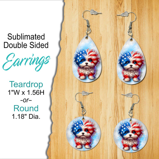 Adorable Patriotic American Flag Puppy Design - Double-Sided Sublimated Earrings – Choice of Teardrop or Round Shape