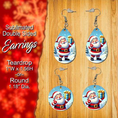 Double-Sided Santa Earrings - Sublimated Holiday Charm in Teardrop (1"x1.56") or Round (1.18" Dia) Shape