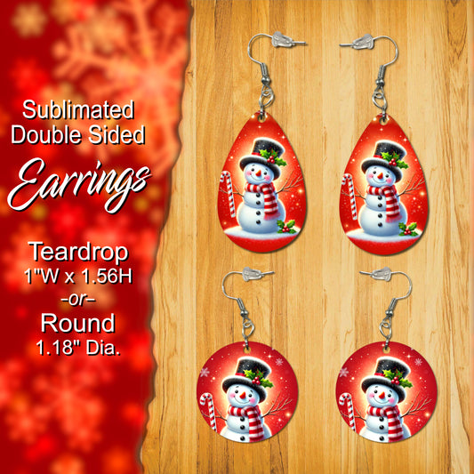 Festive Sublimated Double-Sided Earrings – Snowman Design, Teardrop or Round Shape, Perfect Holiday Accessory