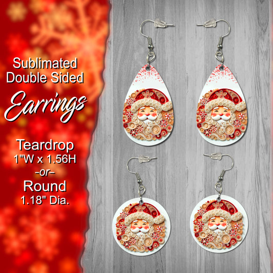 Festive Double-Sided Sublimated Earrings - Santa Design - Choose Teardrop (1"x1.56") or Round (1.18" Dia) Shape