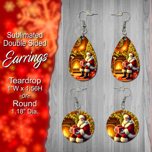 Festive Santa by the Fireplace Double-Sided Sublimated Earrings - Teardrop or Round Shape for Holiday Cheer