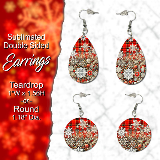 Festive Double-Sided Sublimation Earrings - Red Plaid and Snowflake Design, Available in Teardrop or Round Shapes, Holiday Jewelry