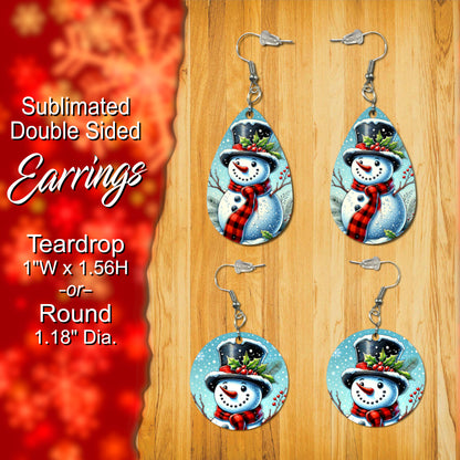 Double-Sided Sublimated Snowman Earrings - Choose Teardrop or Round Shape, Festive Holiday Jewelry for Christmas Cheer