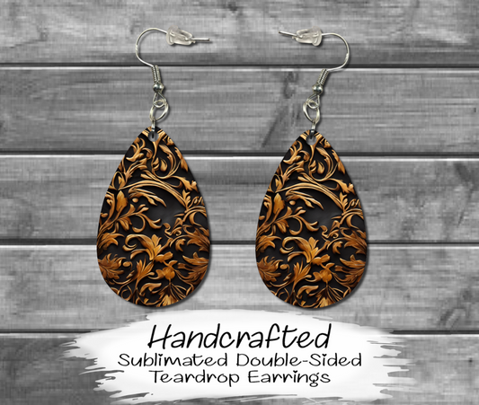 Elegant Double-Sided Teardrop Earrings with Intricate Gold and Black Floral Sublimation Design – Handcrafted for Unique Style