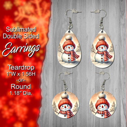 Double-Sided Sublimated Christmas Earrings – Snowman Design, Teardrop (1" x 1.56") or Round (1.18" Diameter)