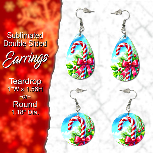 Festive Candy Cane Double-Sided Sublimated Earrings - Teardrop or Round Shape, Perfect for Holiday Cheer