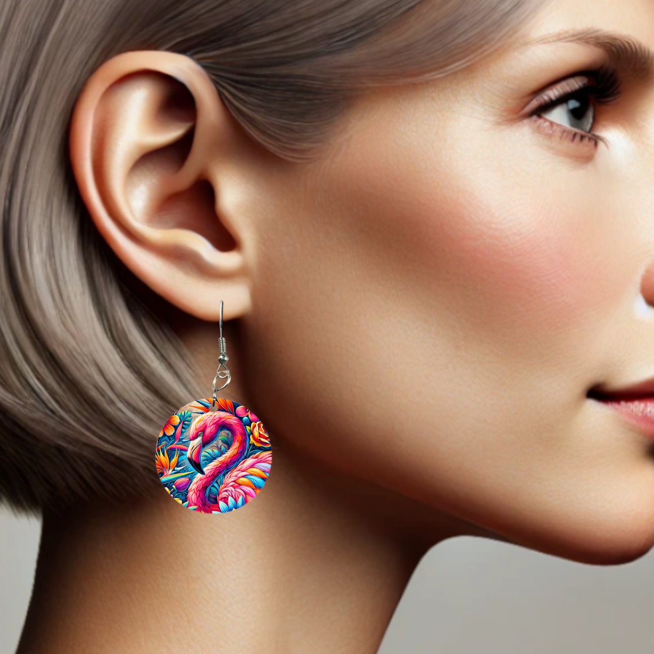 Vibrant Flamingo-Themed Double-Sided Sublimated Round Earrings - Handcrafted and Lightweight Tropical Statement Jewelry for All Occasions