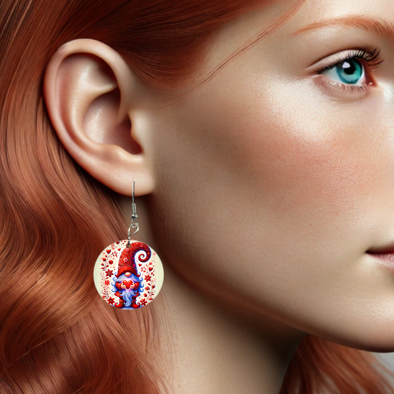 Double-Sided Sublimated Earrings with Whimsical Valentine Gnome Design - Teardrop (1" x 1.56") or Round (1.18" Diameter)