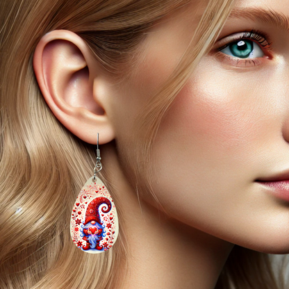 Double-Sided Sublimated Earrings with Whimsical Valentine Gnome Design - Teardrop (1" x 1.56") or Round (1.18" Diameter)