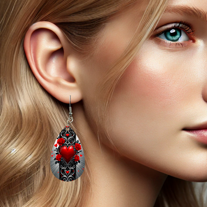 Double-Sided Sublimated Teardrop Earrings with Gothic Heart and Red Roses Design - 1" x 1.56