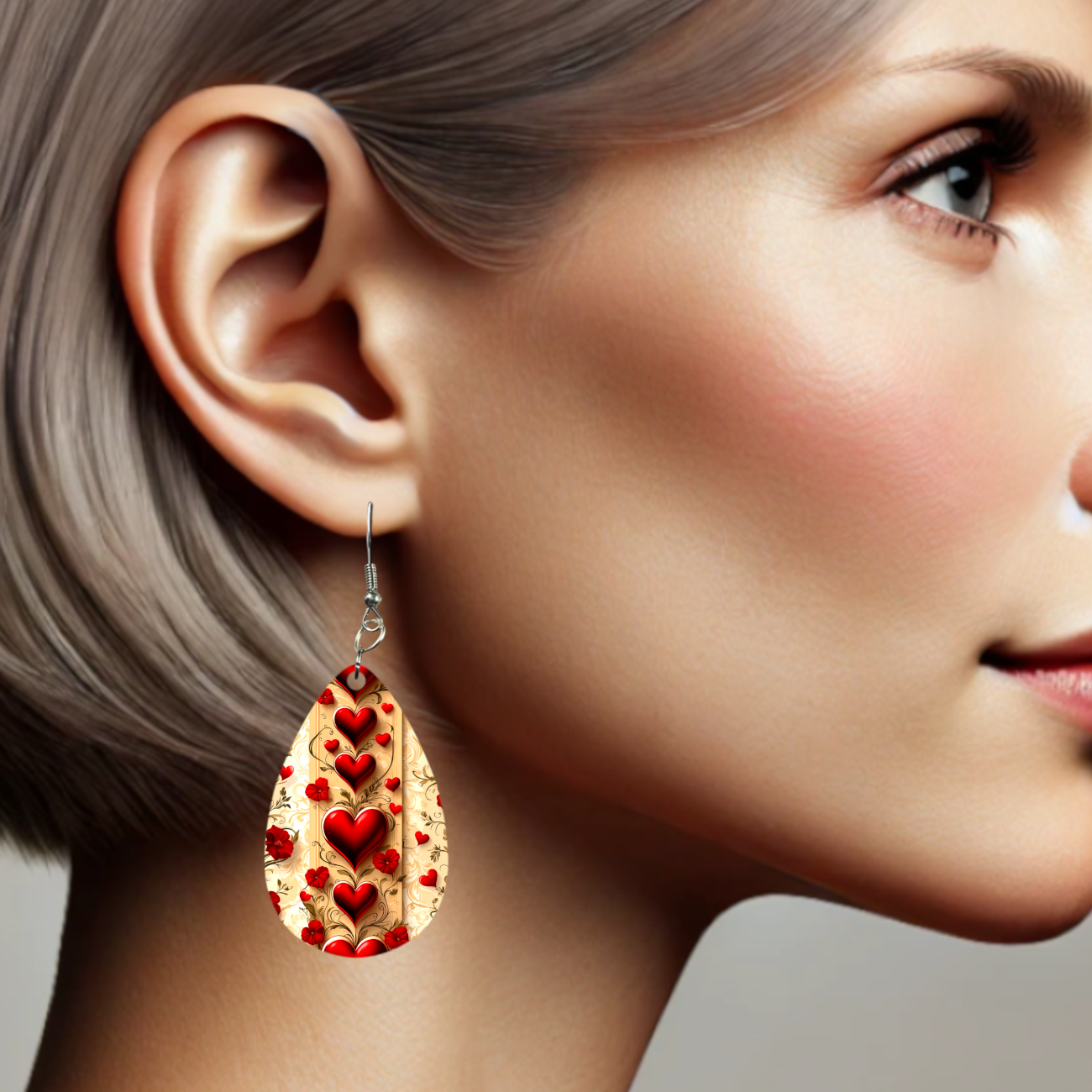 Double-Sided Sublimated Teardrop Earrings with Elegant Red Heart and Floral Design - 1" x 1.56"