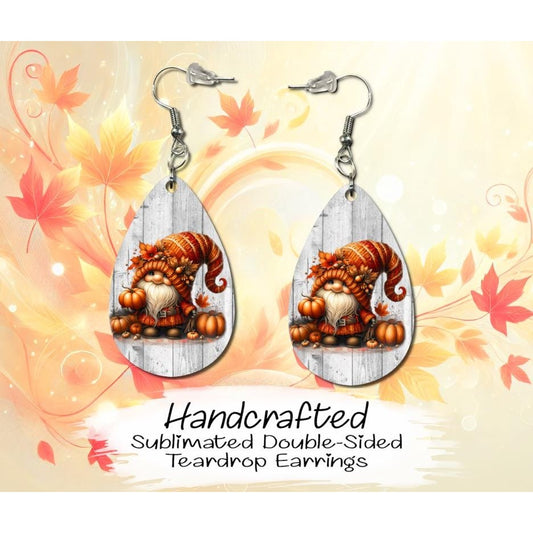 Fall Gnome with Pumpkin Double-Sided MDF Earrings, Gnome Earrings, Handmade Teardrop Earrings