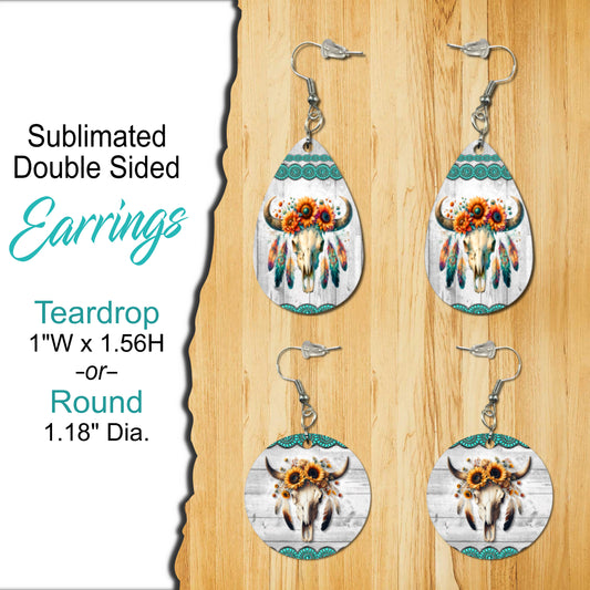 Floral Bull Skull Design Double-Sided Sublimated Teardrop or Round Earrings – Lightweight, Unique Western Boho Jewelry