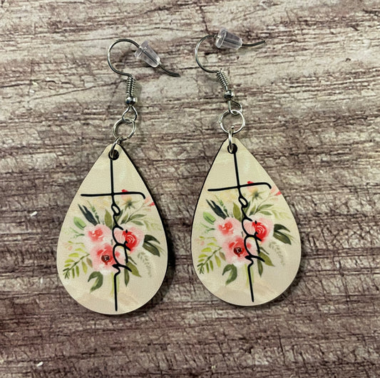 Floral Faith Teardrop Earrings – Double-Sided Sublimation Print with Rose Design, Lightweight Leather, Inspirational Jewelry for Women