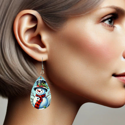 Double-Sided Sublimated Snowman Earrings - Choose Teardrop or Round Shape, Festive Holiday Jewelry for Christmas Cheer