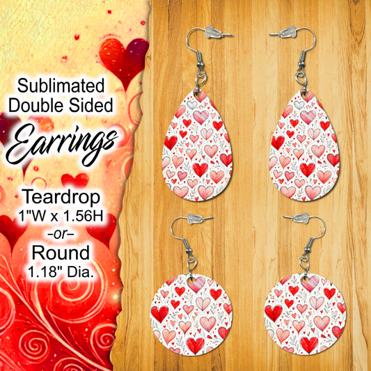 Double-Sided Sublimated Earrings with Whimsical Heart Pattern - Teardrop (1" x 1.56") or Round (1.18" Diameter) Shapes Available