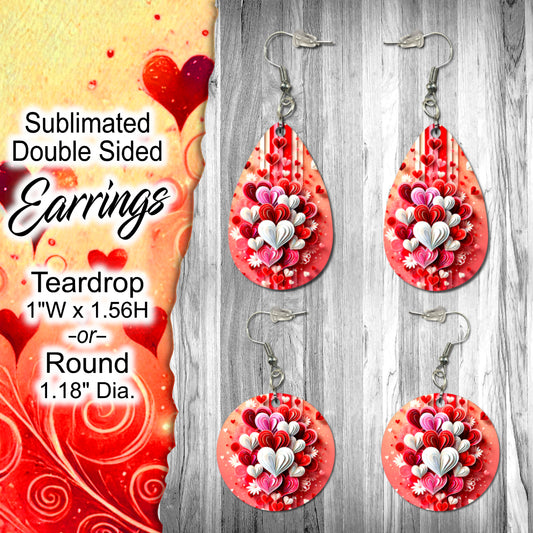 Double-Sided Sublimated Earrings with Intricate Heart Bouquet Design - Teardrop (1" x 1.56") or Round (1.18" Diameter) Shapes