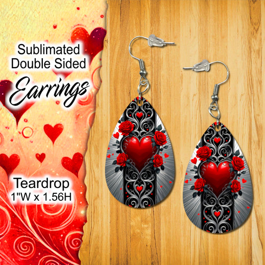 Double-Sided Sublimated Teardrop Earrings with Gothic Heart and Red Roses Design - 1" x 1.56