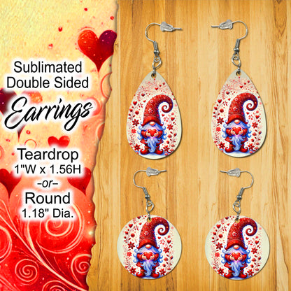 Double-Sided Sublimated Earrings with Whimsical Valentine Gnome Design - Teardrop (1" x 1.56") or Round (1.18" Diameter)