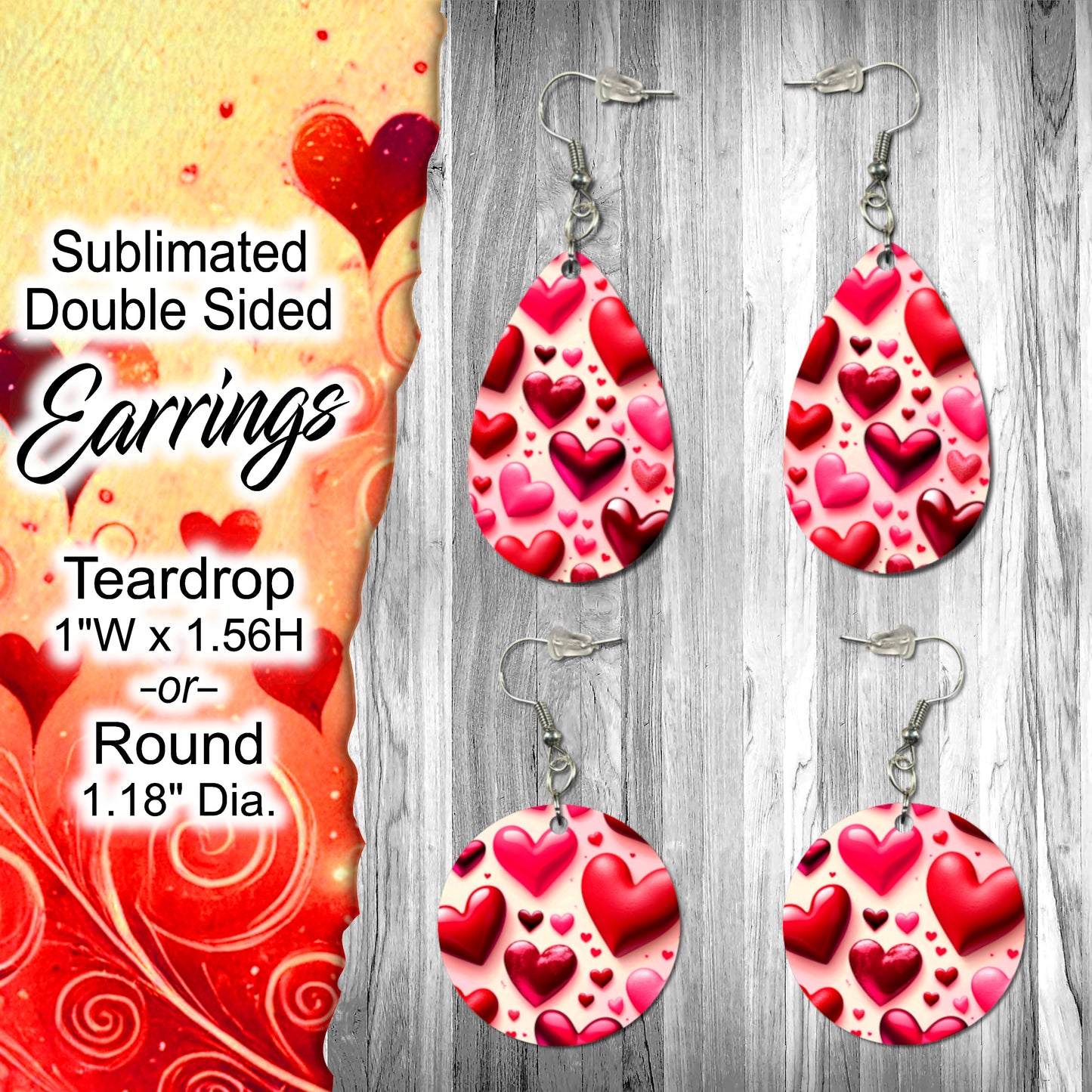 Double-Sided Sublimated Earrings with Vibrant Hearts Design - Teardrop (1" x 1.56") or Round (1.18" Diameter) Shapes Available