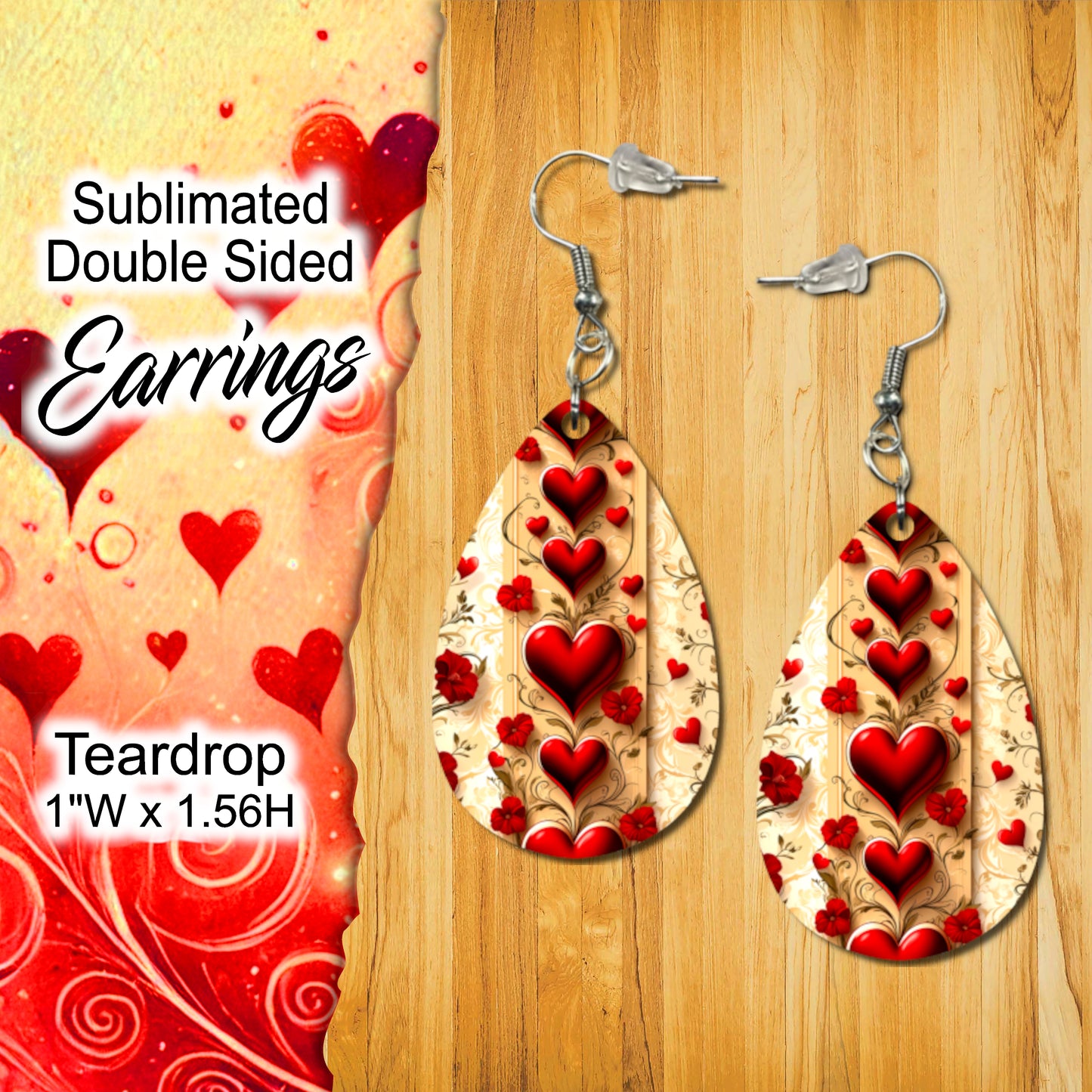 Double-Sided Sublimated Teardrop Earrings with Elegant Red Heart and Floral Design - 1" x 1.56"