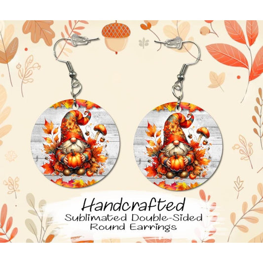 Fall Gnome with Pumpkin Double-Sided MDF Earrings, Fall Earrings, Handmade Round Earrings