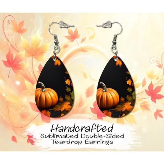 Pumpkins and Leaves Double-Sided MDF Earrings, Fall Earrings, Handmade Teardrop Earrings