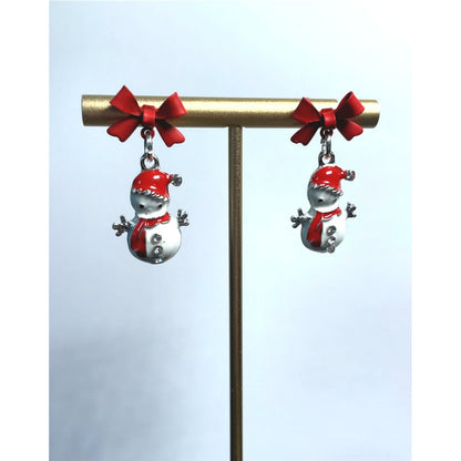 Festive Snowman Earrings with Red Bow and Rhinestone Accents