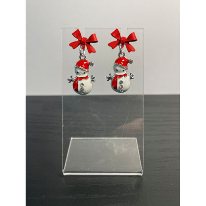 Festive Snowman Earrings with Red Bow and Rhinestone Accents