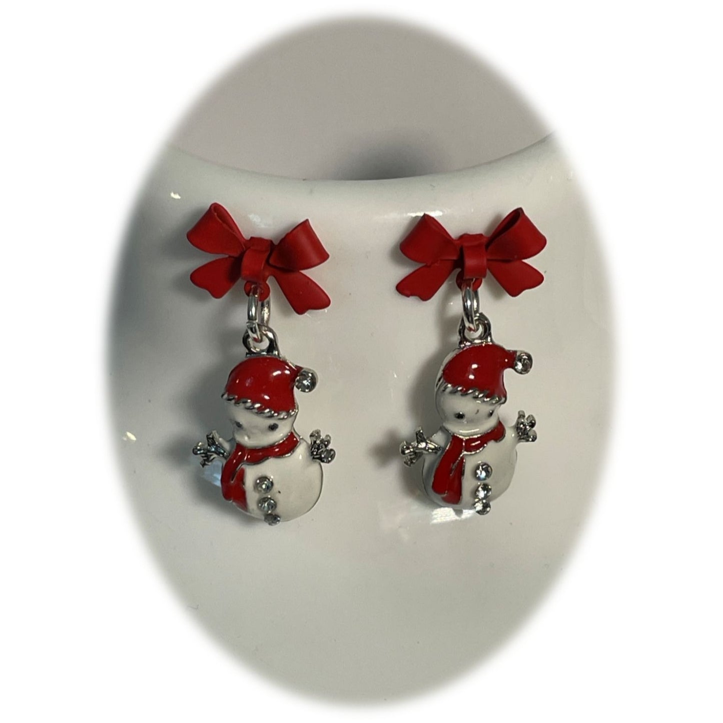 Festive Snowman Earrings with Red Bow and Rhinestone Accents